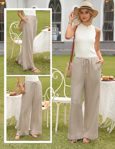 GRACE KARIN Womens Palazzo Pants Casual Drawstring Flowy Comfy Pants Wide Leg Summer Beach Linen Trousers with Pockets Apricot L — view 2
