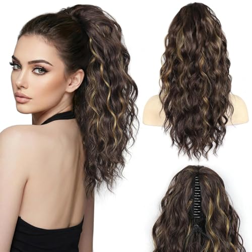Image of Ponytail Extension, 18 to 20 inch Long Curly Wavy Claw Clip in Ponytail Hair Extensions, Jaw Clip on Pony Tails Fluffy Hairpiece for Women Daily Party Use, Brown Color with Highlights (Highlights)