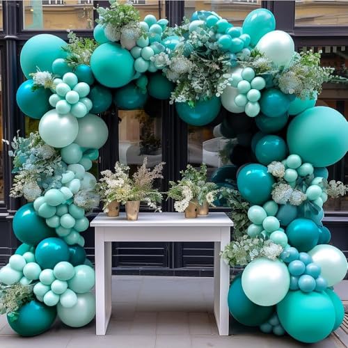 Image of Teal Blue Balloons Double Stuffed Mint Blue Balloon Garland Arch Kit Metallic Peacock Balloons Different Sizes for Birthday Baby Shower Winter Bridal Prom Party Decorations