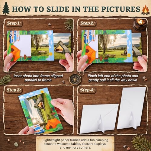 Image of AmazingSpark 50 Pack Camp Picture Frames Bulk, DIY Camping Craft Photo Frames for Classroom Camping Party Photo Booth, Woodland Table Decorations, 5 Paper Styles, 10 Each