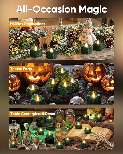 Image of Homemory 24 Pack Green Dripping Flameless LED Tea Lights, 1.58 inch x 1.2 inch Battery Operated Flickering Fake Candles, 200+ Hours Electric Votive Tealights for Wedding, Halloween, Christmas Centerpieces