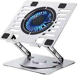 Suporte para Notebook de Alumínio Rotativo 360 Graus Giratório Portátil Retrátil com Ventilador Cooler Ajustável Articulado Dobrável para Macbook Laptop Vertical Universal