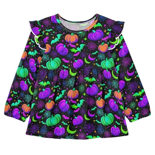 Pumpkin Bat Moon Spider Web Girls Shirts Cotton Long Sleeve Ruffle Toddler Tee Tops - Main Image