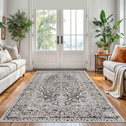 KUTA Vintage Area Rug 5x7 Tan Grey, Washable Rugs for Living Room Soft Non-Slip Printed Distressed Tribal Traditional Farmhouse Carpet for Bedroom Dining Room Dorm Office Home Decor