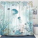 Neasow Nautical Shower Curtain, Teal Jellyfish Beach Shell Sea Life Shower Curtains with 12 Hooks, Coral Bathroom Curtain 72'×72'