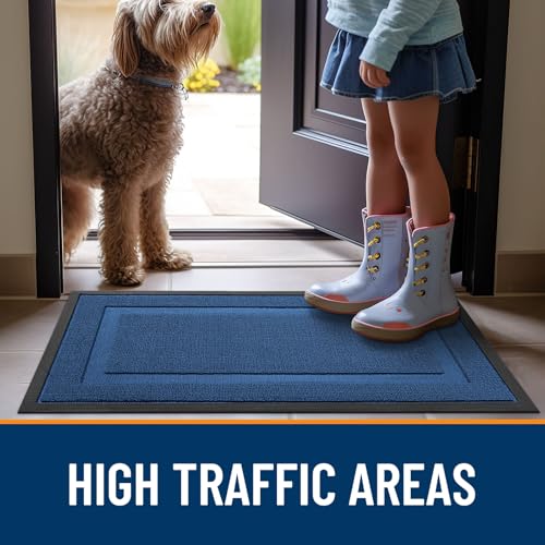 Image of OLANLY Front Door Mat Indoor Outdoor Entrance, Waterproof All-Season, All-Weather Doormat, Sturdy Natural Rubber, Low Profile, Easy Clean Patio Porch Entryway Mat, 35x23, Navy Blue