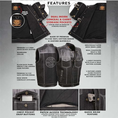 Milwaukee Leather MDM3006 Men's 'Brute' Black Denim and Black Leather Club Style Vest w/Hidden Dual Closure2