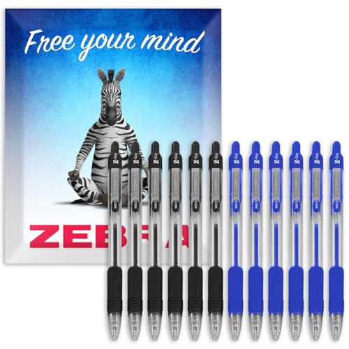 Lot de 12 stylos bille Zebra Z-Grip avec encre noire et bleue