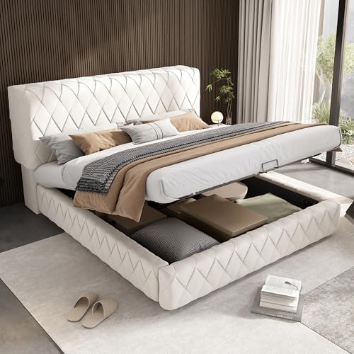 Kebnor Cama doble de 160 x 200 cm, tapizada, cama de almacenamiento, cama funcional, cama hidráulica con espacio de almacenamiento, estructura trenzada con listones de madera, fácil de montar