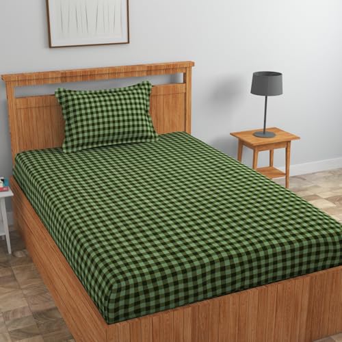 Image of Pure Cotton Checked Printed Single Bed Sheet (60x90 Inches) with 1 Pillow Cover (18x28 Inches)- Pink (Green)