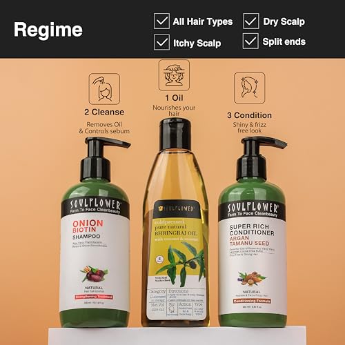 Image of Soulflower Cold-Pressed Bhringraj Oil | Natural Hair Growth, Strengthening & Nourishing Roots | Anti-Dandruff, Cooling Scalp Relief | Coconut & Sesame Oil Blend | Pure & Organic 225ml x 2