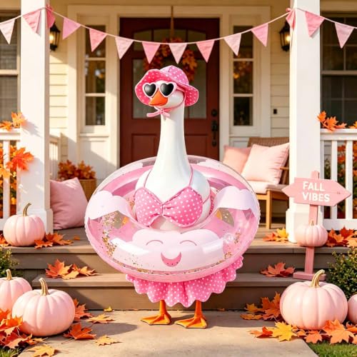 yuboo Fall Porch Goose Outfits Fits 23", Goose Clothes with Swimming Ring Sunglasses Hat and Bikini, Garden Yard Lawn Halloween Party Decor Pink - image 1