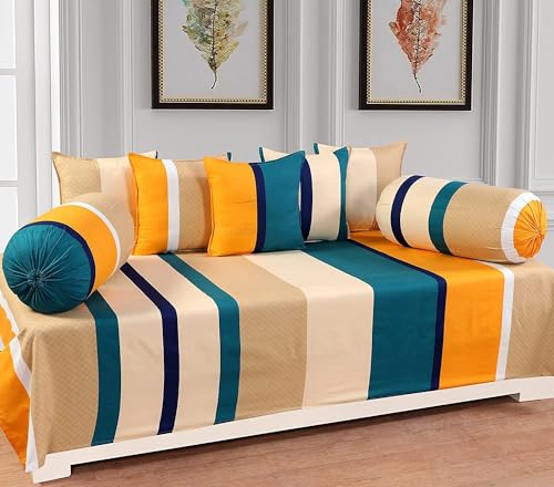 Image of Supersoft 8 Piece Diwan Set 1 Bed Sheet 2 Bolster Cover 5 pcs Cushion Cover (Yellow)