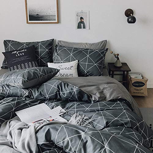 Lifetb Cotton Full Bedding Sets Geometric Duvet Cover Queen Grey Comforter Cover Grid Plaid Duvet Cover For Boys Men Geometric Bedding Cover Full Hotel Quality Full Queen Bedding Collection #TOP2