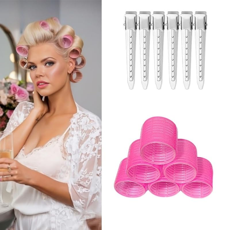 VIEWS Rollers Hair Curlers 6 Pcs Set Jumbo Hair Rollers for Long Medium Hair Volume (Pink)-image-29
