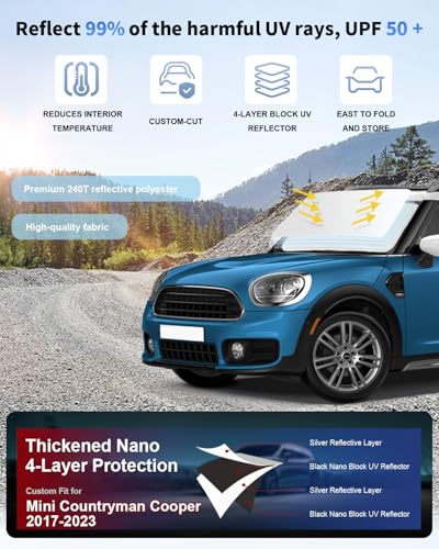 Sun Shade for 2017-2024 2025 Mini Countryman Cooper F60 SUV Windshield Sunshade Accessories 2-Layer Car Sun Shield Sun Visor Window Shade Blocks UV Rays Car Accessories