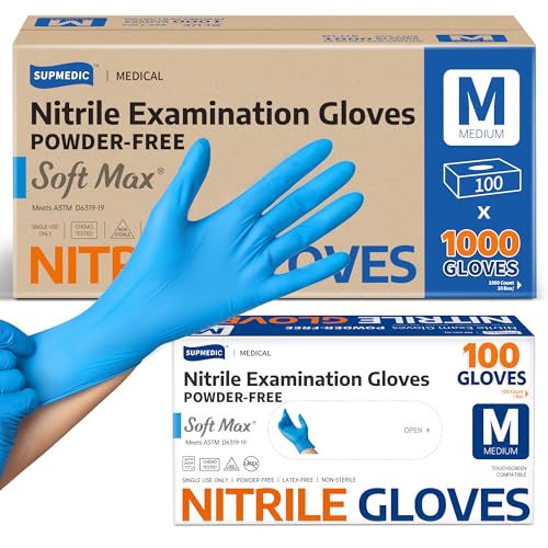 Supmedic Nitrile Exam Glove, 3.5 mil Disposable Medical Gloves Powder-Free Latex-Free Food Safe Cleaning Cooking,1000 pcs Blue (Medium)