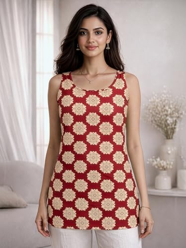 Image of Aahwan Printed Back Deep Round Neck Sleeveless Short Tunic Top & Kurti for Women's & Girl's