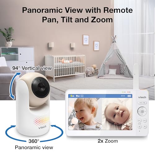 Image of VTech Baby Monitor No WiFi, 2 Cameras, 7 inch Split IPS Screen, 5000mAh 12Hr Battery, 360 Pan Tilt Zoom, Night Vision, Night Light | Advanced Max Twin Tan