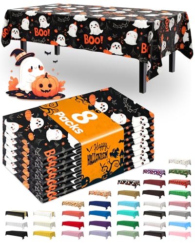 Image of Pureegg Plastic Table Cloth Disposable 8 Pack, 54 x 108 Inch Table Cloths, Vampire Party Decorations, Halloween Tablecloths, Rectangle, Plastic Cover, Leakproof & Sturdy, Halloween Black