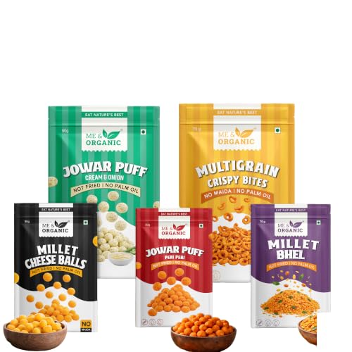 Image of ME&ORGANIC Premium Healthy Snacks Combo - Jowar Puffs Peri Peri, Cream & Onion Jowar Puffs, Millet Cheese Balls, Millet Bhel & Multigrain Crispy Bites | Wholesome, Crunchy, Guilt-Free Snacking Option for All Ages | Made with Natural Ingredients, Rich in Fiber & Nutrients | No Artificial Flavors or Preservatives | Perfect Tea-Time, Travel & Anytime Snack Pack