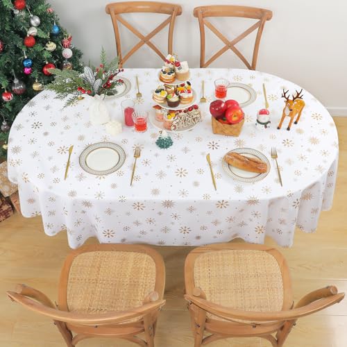 Alishomtll Weihnachten Tischdecke Weiß, Abwischbar Oval Schneeflocke...
