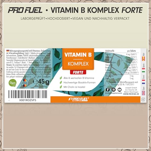Vitamin B Komplex hochdosiert - 180 Tabletten - alle 8 B-Vitamine (B1, B2, B3, B5, B6, B7, B9, B12) + Co-Faktoren Cholin & Myo-Inositol - laborgeprüft mit Zertifikat - vegan - Vorrat für 6 Monate