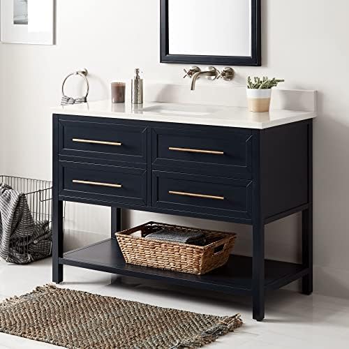 Signature Hardware 459642 Robertson 48" Free Standing Single Vanity Cabinet Set with Wood Cabinet, Quartz Vanity Top and Rectangular Undermount Sink - No Faucet Holes - Midnight Navy Blue/Arctic