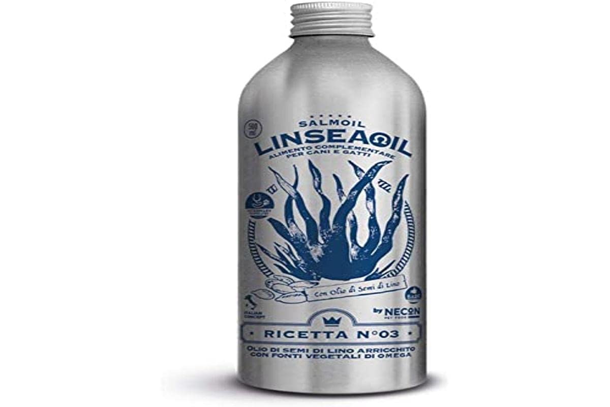 SALMOIL by NECON Pet Food Linseaoil Ricetta 3, Alimento complementare/Cibo per Cani e Gatti a Base di Olio di Semi di Lino e Alga Schizochytrium da 500 ml, Ricco di Vitamina E, Made in Italy