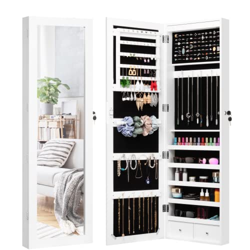 DECOMIL – Jewelry Armoire with Mirror | Jewelry Cabinet Wall Mounted, with 2 Drawer, LED Lights and Lockable Door | White