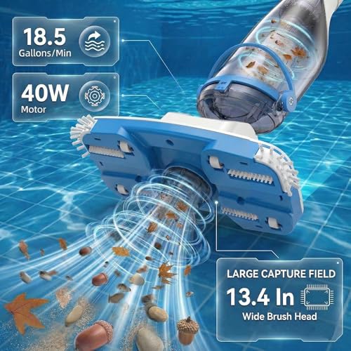 Image of Consciot Pool Vacuum for Above Ground Pool & Inground Pool, Rechargeable Handheld Cleaner with Telescopic Pole,18.5 GPM Suction, 13.4 inch Head, 60-Min Runtime, for Spa & Hot Tub