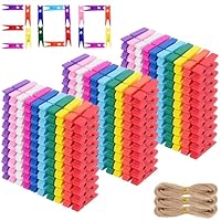 Akamino 300 Pcs Colourful Mini Wooden Pegs, 3.5CM Colored Wooden Clothes Pins with 40 Meters String, Small Craft Clips Photo Display Pegs for Decorative,Hanging Photos Cards, DIY Crafts