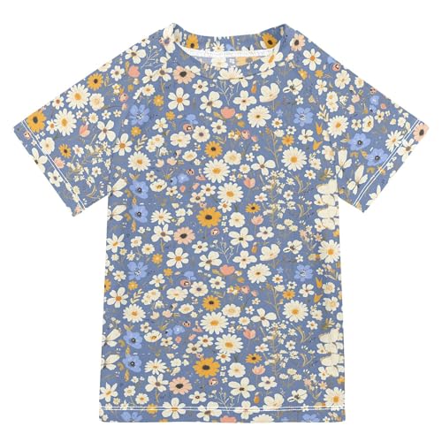 Flowers Blue Bathing Suit Girls Short Sleeves Youth Sports Tshirts Swimwear Beach Tops 3T