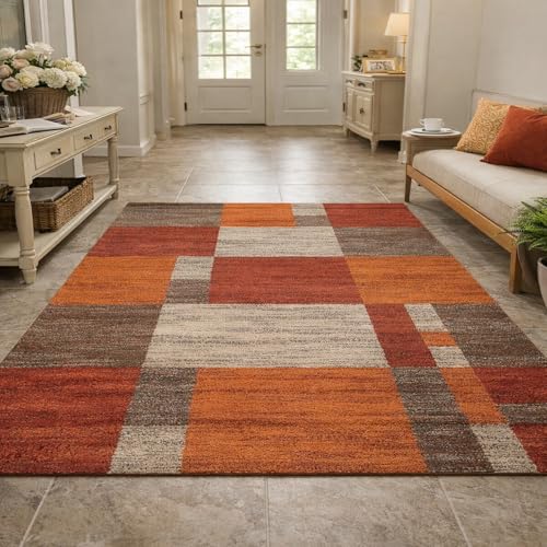 Tapis géométrique moderne marron orange 150x150 cm lavable