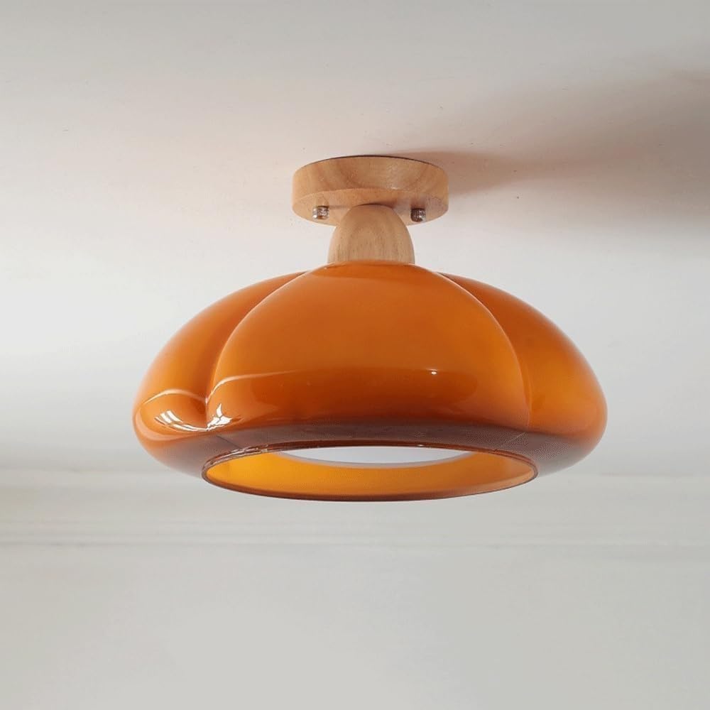 E26 Nordic Retro Orange Glass Pumpkin Corridor Chandelier Semi Flush Mount Ceiling Lamp Modern Kitchen Close to Ceiling Light Fixtures Farmhouse Lighting for Bedroom Porch Hallway Dining Room