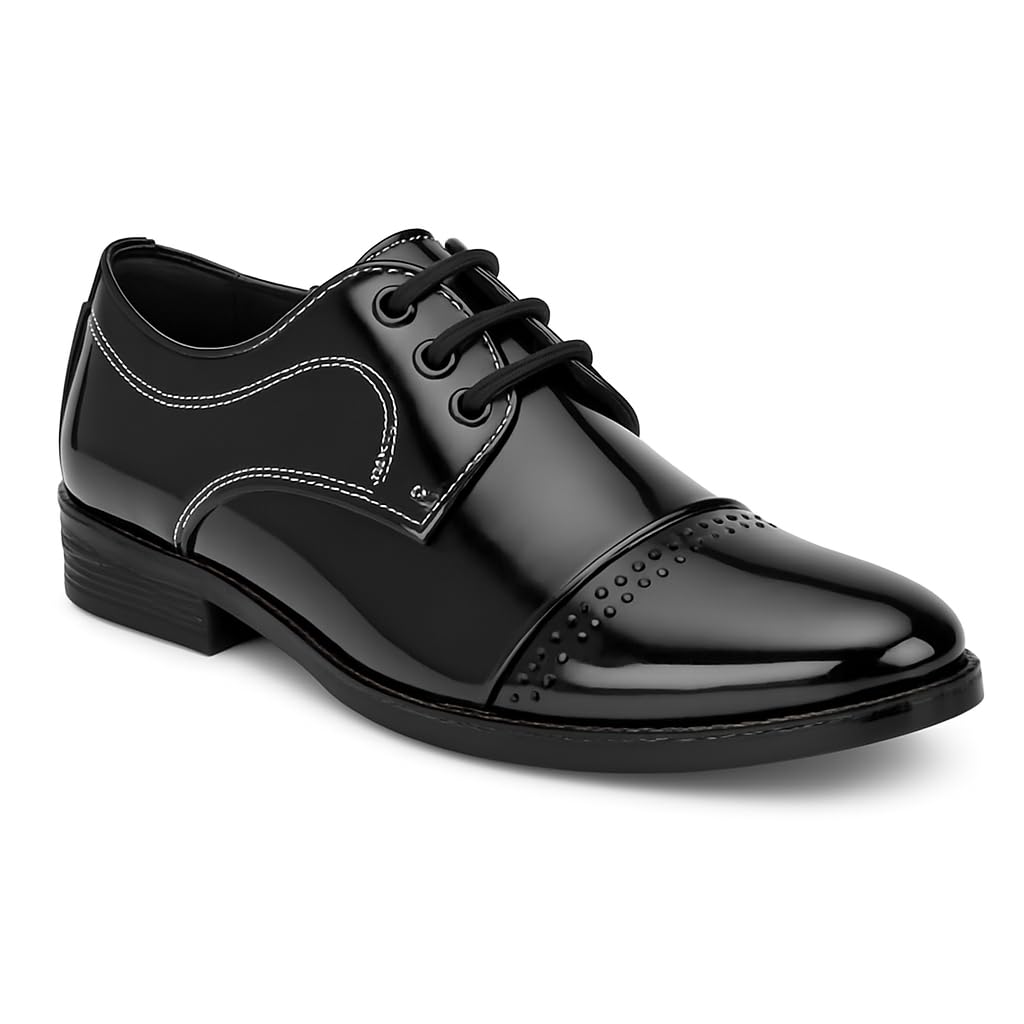 marswalk Men's Derby Brogue Patent Leather Formal Shoes, Round Toe, Block Heel, Brown-picture-49