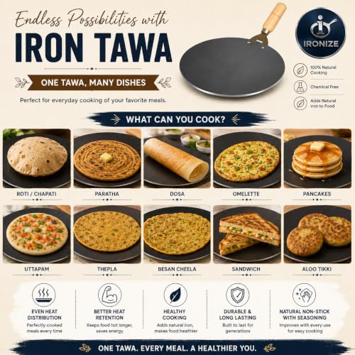 Image of IRONIZE Pure Iron Roti Tawa with Wooden Handle | Heavy Duty Chemical-Free Iron Cookware | Even Heat Distribution | Ideal for Roti, Chapati, Paratha, Dosa & Omelette | Available in 1kg to 2kg (1.35 kg)