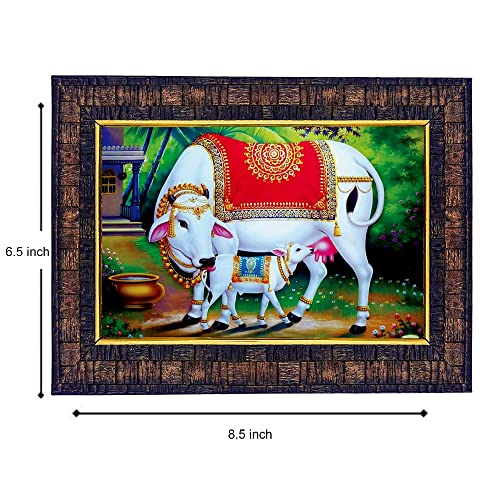 Image of Hawai Holy Kamdhenu Cow with Calf Photo Frame, Size 8.5 x 7 Inch | Engineered Wood Wall Hanging Religious Home Decor | Vastu & Pooja Room Frame for Home Office Shop Temple | SFDI289BLKFRM