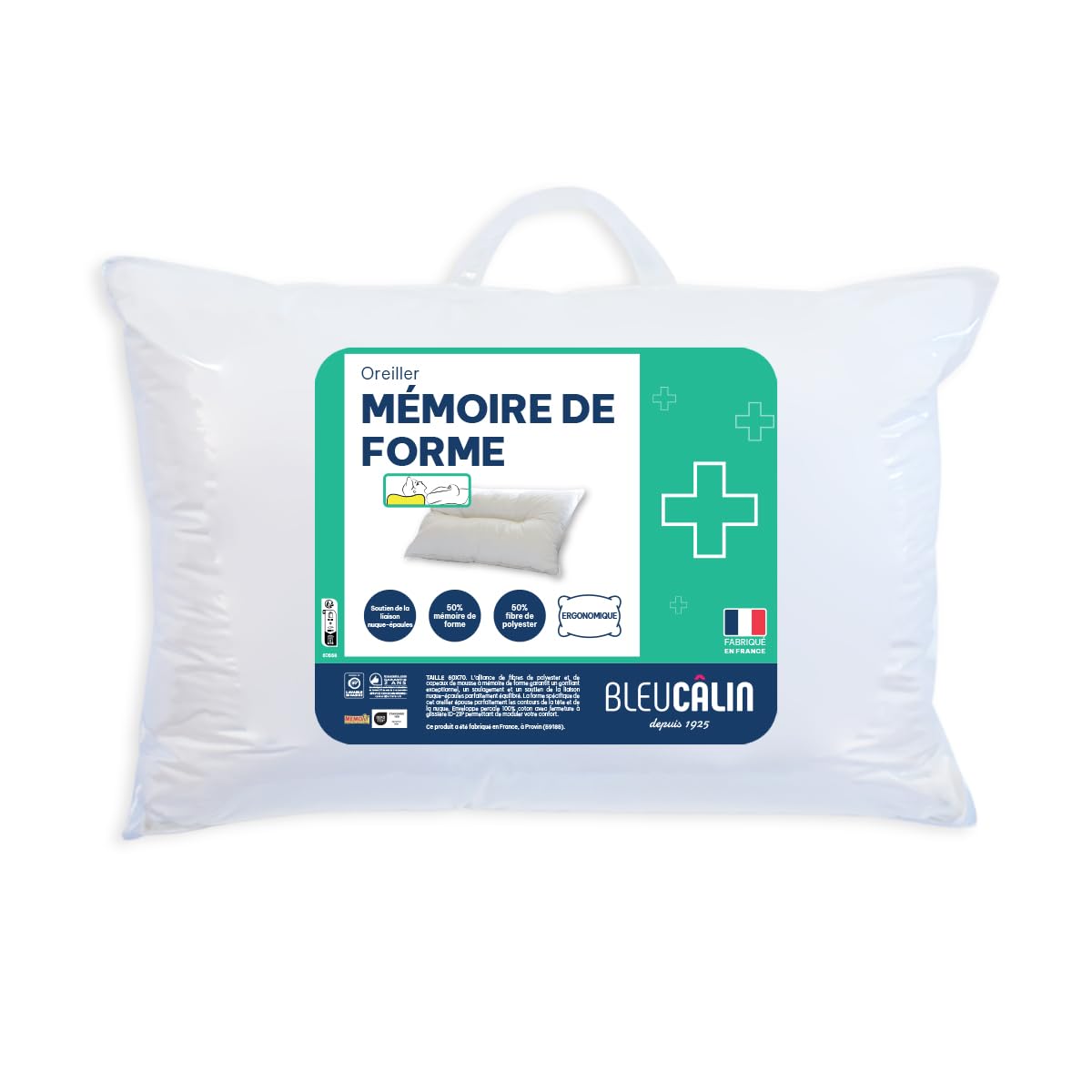 Oreiller rectangulaire ergonomique Bleu Calin Memofill 50x70 à mémoire de forme