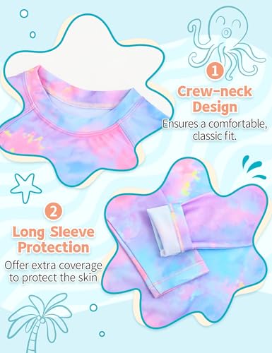 Image of TENVDA Girls Swimsuit Size 7-8 Years Old Purple Tie Dye UPF 50+ Long Sleeve Rash Guard Summer Beach Bathing Suit Swimwear