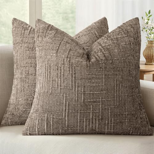 MIULEE Textured Throw Pillow Covers Thick Chenille Decorative Pillows Taupe Grey 18x18 Inch Set of 2 Modern Boho Fall Farmhouse Home Decor Neutral Cushion Covers for Couch Sofa Living Room Bedroom