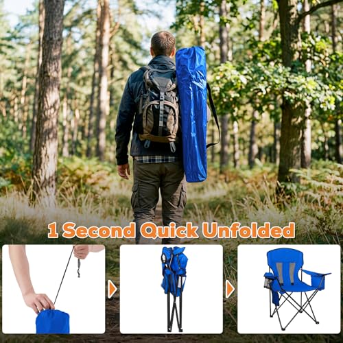 Image of Romswi Portable Camping Chairs for Adult, Folding Outdoor Chairs with 4-Can Cooler Bag, Folding Chair with Mesh Back for Outdoor, Fishing, Garden, 2-Pack, Blue