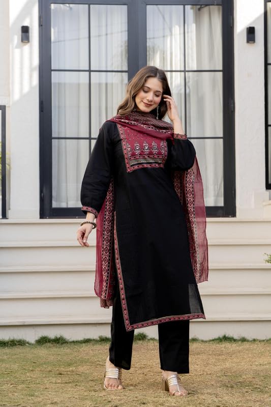 Image of Amayra Women's Cotton Straight Kurta Set with Palazzo Pants & Dupatta- Ethnic Wear