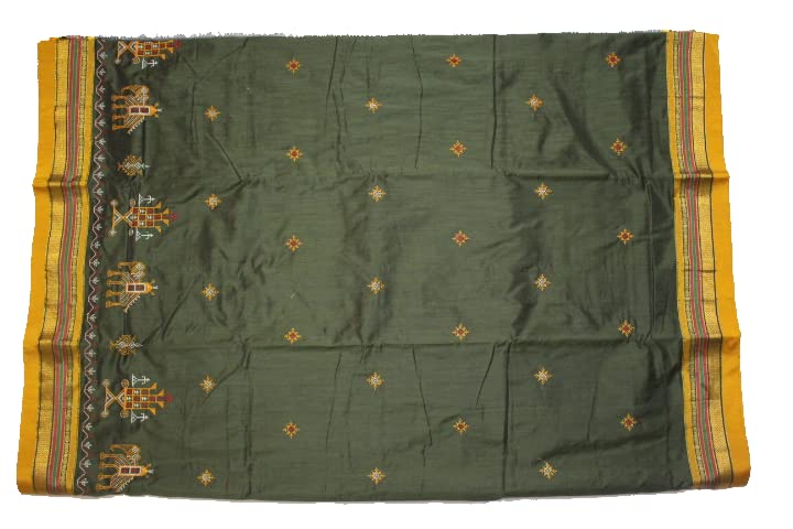 Image of Women Ilkal Cotton Blended Silk Kasuti Embroidery Saree with Traditional Stripe Pallu Unstitched Blouse Pattu