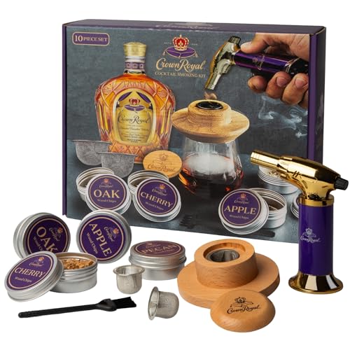 Crown Royal Cocktail Smoking Kit – Premium 10-Piece Whiskey Smoker Set with Butane Torch, Wood Chips (Oak, Apple, Cherry, Pecan), Mesh Burn Cups & Wooden Lid – Gift Set for Whiskey & Bourbon Lovers