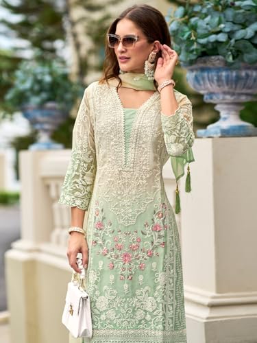 Image of INDO ERA Womens Organza Embroidered Straight Kurta Pant Dupatta Set (IEOUT10602)