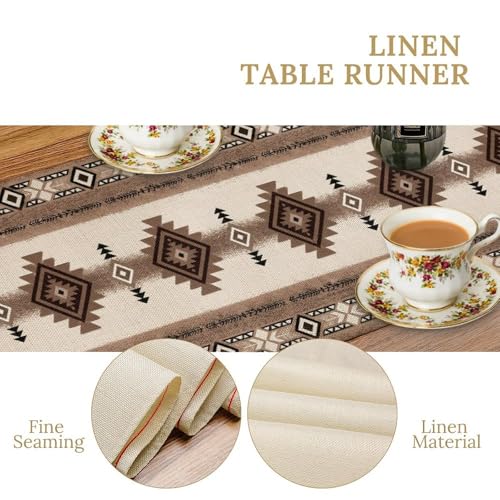 Image of Aztec Geometric Table Runner, Southwestern Tribal Pattern Faux Linen, Rustic Brown Boho Dining Table Decor for Farmhouse Kitchens 13x90 Inch