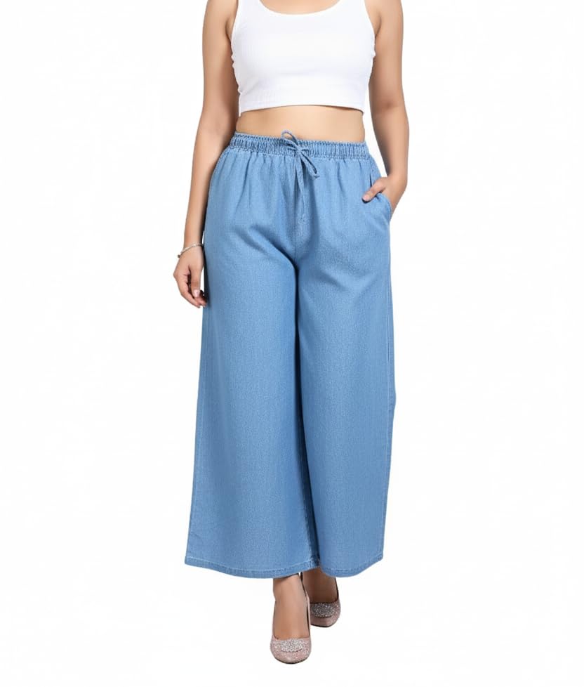Women's Denim Cotton Palazzo Pants, Light Blue | Regular Fit Palazzo Pant | Mid Rise | Size: S to 6XL-image-31
