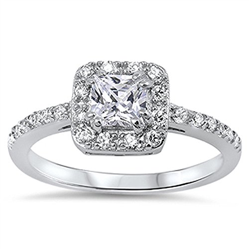 DoubleAccent Sterling Silver Princess Cut Cubic Zirconia Solitaire Engagement Ring 9MM (Size 5 to 10)
