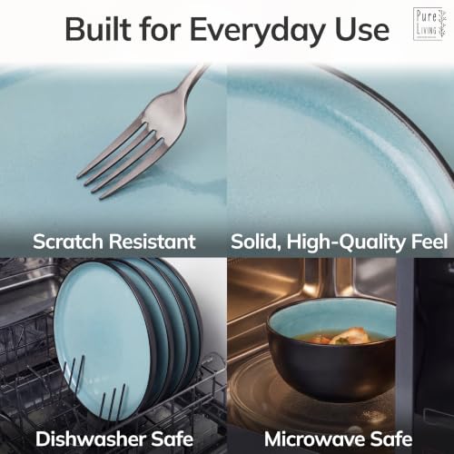 Image of 24 Piece Stoneware Dinnerware Set for 8, Handmade Plates and Bowls Set | Reactive Glaze Coating, Dishwasher & Microwave Safe Dish Set, Chip & Scratch Resistant Dishware Set, Ibiza Aquamarine